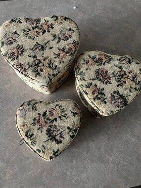 Vintage 1980s Heart-Shaped Embroidered/Needlepoint 3 Nesting Box Set